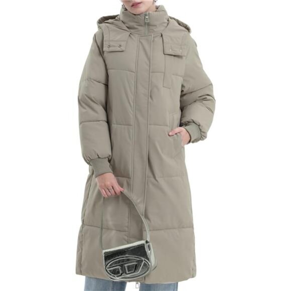 Long Puffer Jacket for Women, Khaki - Picture 1 of 6